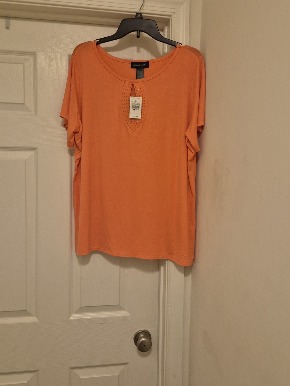 Ashley Stewart Collection Orange Short Sleeve Keyhole Tee with Perforated Detail